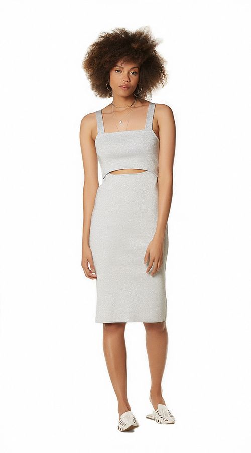 Vestido Zinco Midi Decote Quadrado Tricô Prata