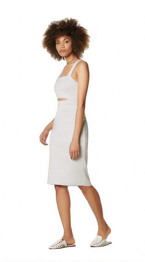 Vestido Zinco Midi Decote Quadrado Tricô Prata