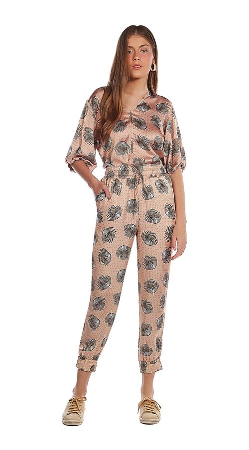 Calça Zinco Pijama Cós Alto Bolso Faca Bege
