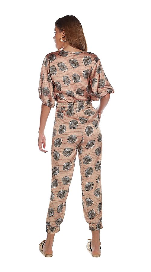 Calça Zinco Pijama Cós Alto Bolso Faca Bege