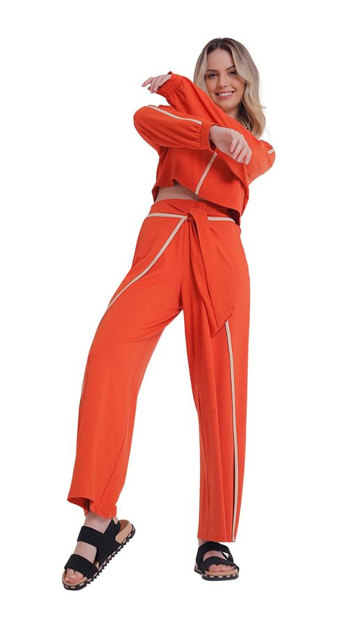 Calça Zinco Reta Cós Alto Detalhe Viés Laranja
