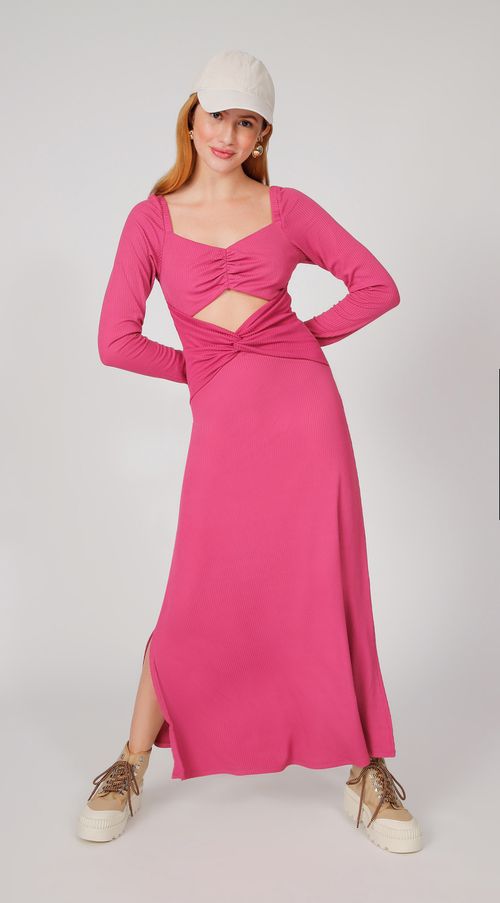 Vestido Zinco Midi Decote Princesa Com Fenda Rosa