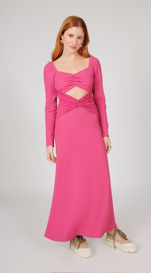 Vestido Zinco Midi Decote Princesa Com Fenda Rosa