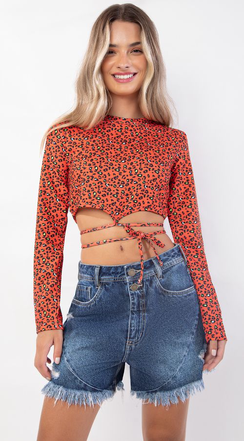 Blusa Zinco Decote Redondo Manga Longa Amarração Costas Vermelho