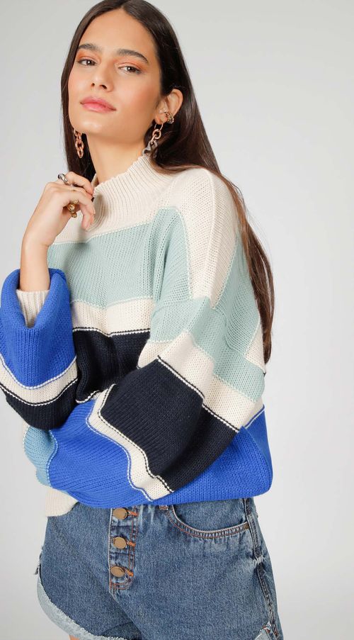 Blusa Zinco Gola Alta Manga Longa Tricot Azul