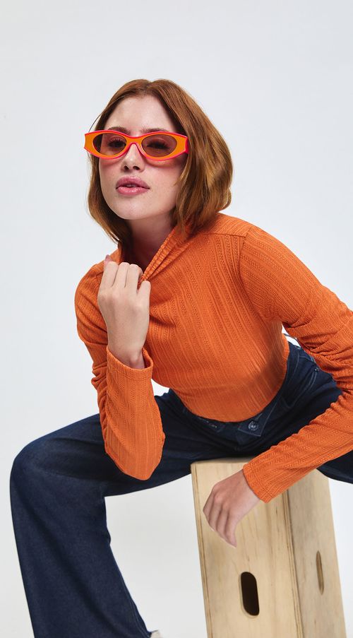 Blusa Zinco Gola Alta Manga Longa Com Franzido Laranja