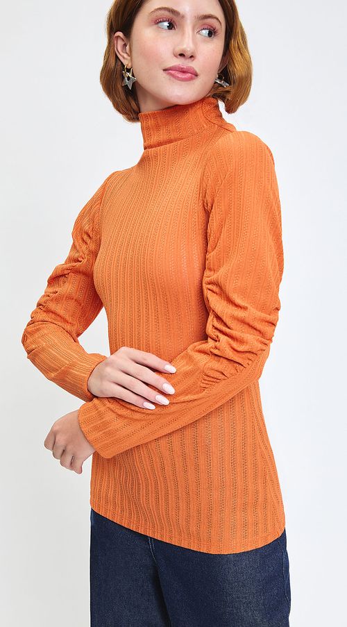 Blusa Zinco Gola Alta Manga Longa Com Franzido Laranja