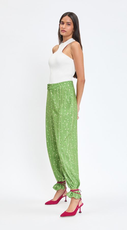 Calça Zinco Reta Cós Alto Bolso Faca Verde