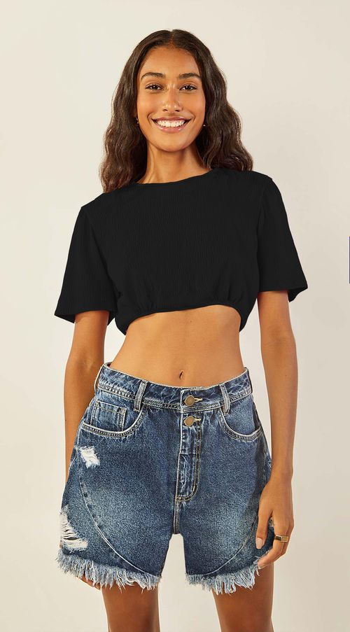 Blusa Zinco Decote Redondo Manga Curta Amarração Frente Preto