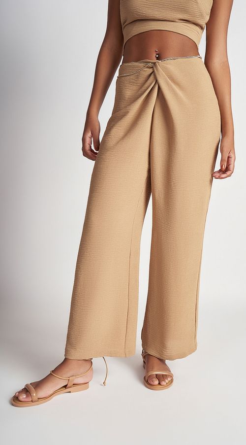 Calça Zinco Flare Cós Alto Com Corrente Bege