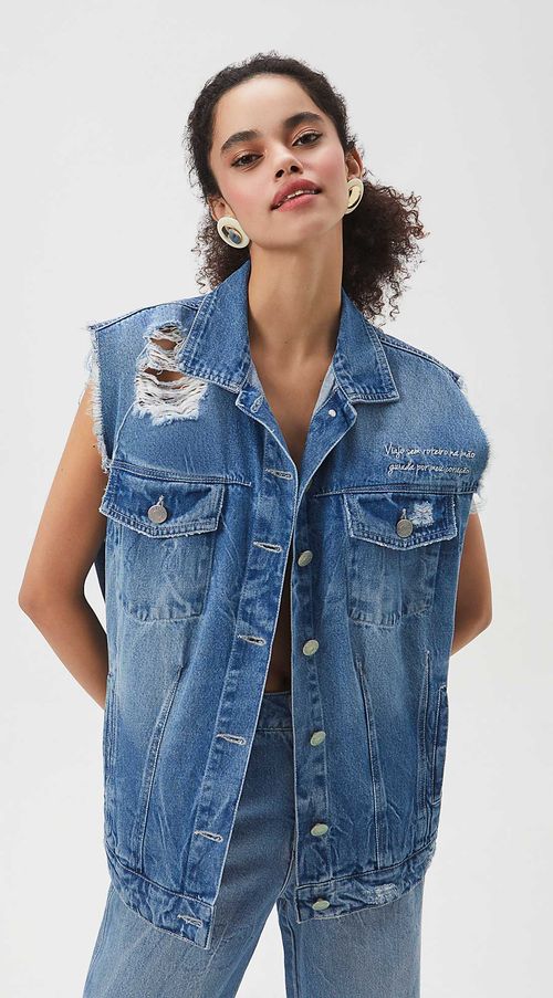 Colete Zinco Oversize Bordado Jeans