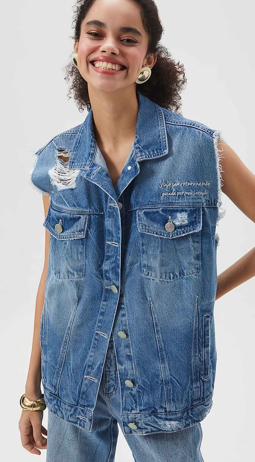 Colete Zinco Oversize Bordado Jeans