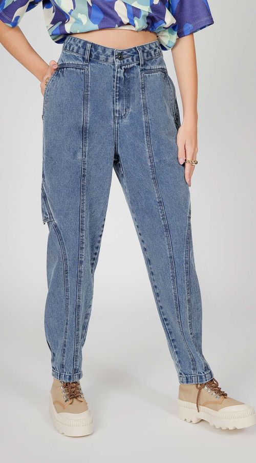 Calça Zinco Slouchy Cós Alto Com Recorte Jeans