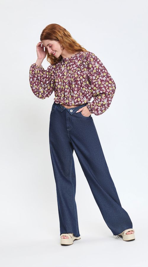 Calça Zinco Wide Leg Cós Super Alto Detalhe Cós Jeans
