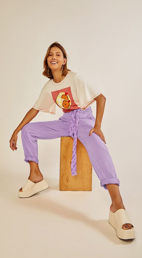 Calça Zinco Cenoura Cós Alto Com Recorte Lilas