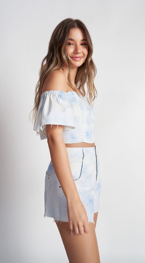 Blusa Zinco Ombro A Ombro Manga Curta Barra Arredondada Azul