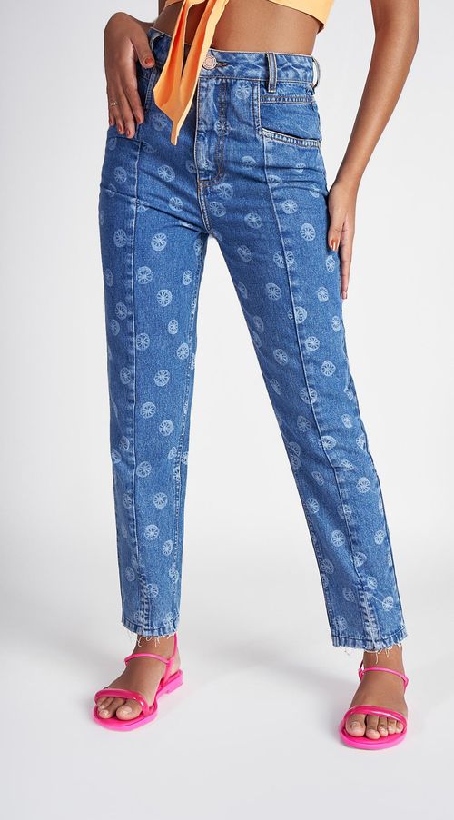 Calça Zinco Mom Cós Alto Com Laser Jeans