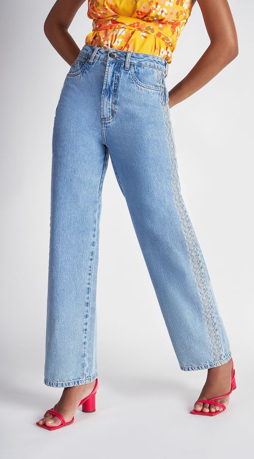 Calça Zinco Wide Leg Cós Alto Bordado Industrial Jeans