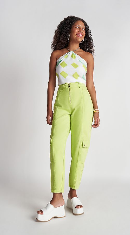 Calça Zinco Cenoura Cós Alto Detalhe Zíper Verde
