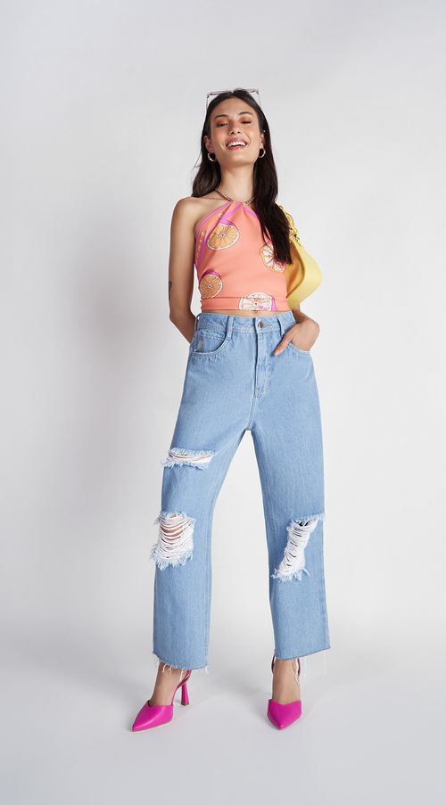 Calça Zinco Reta Cós Alto Com Puídos Jeans