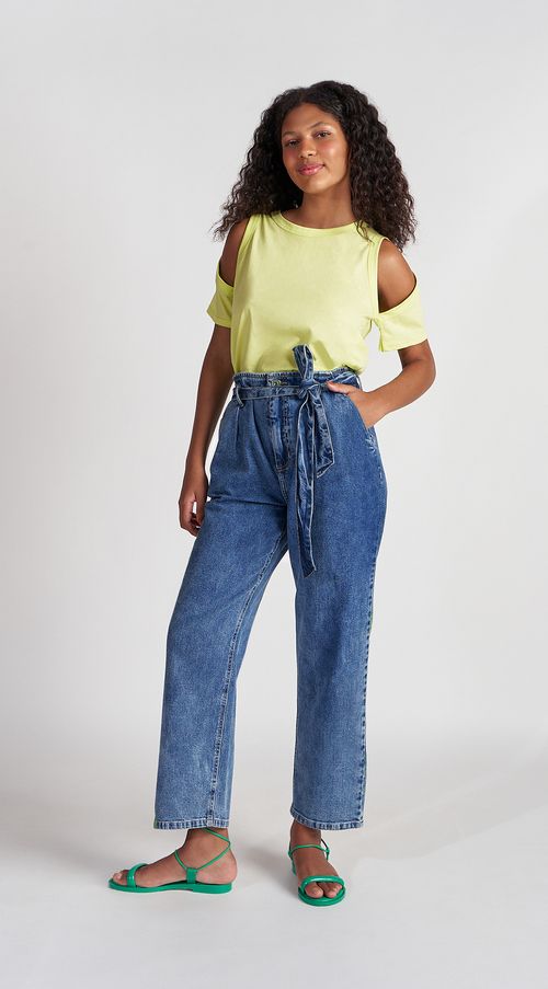 Calça Zinco Reta Cós Alto Com Amarração Jeans