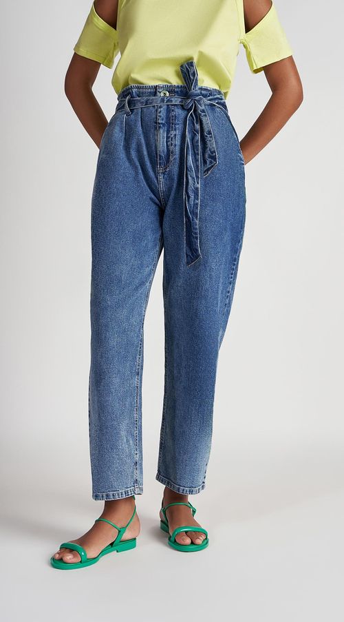 Calça Zinco Reta Cós Alto Com Amarração Jeans