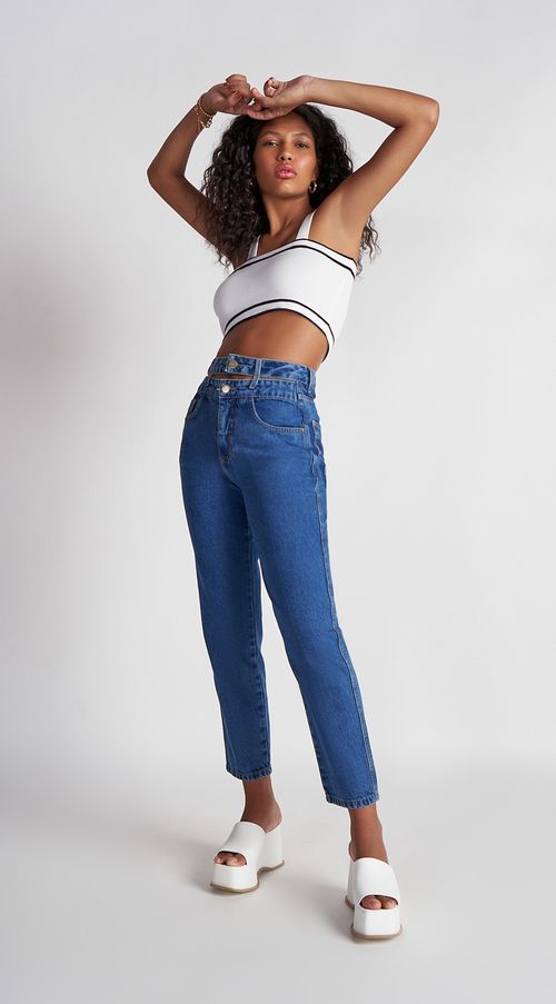 Calça Zinco Mom Cós Alto Com Reserva Jeans