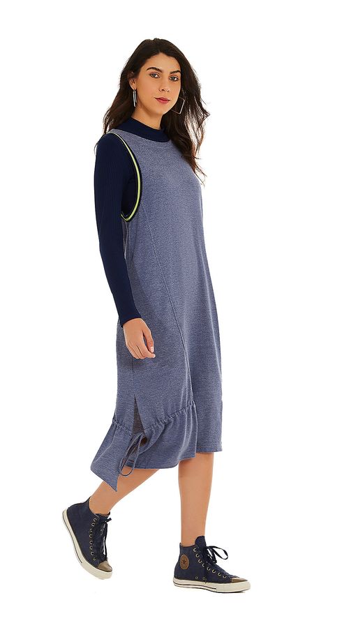 Vestido Zinco Midi Decote Redondo Detalhe Cadarço Azul
