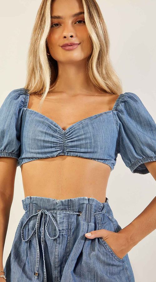 Top Zinco Justo Manga Bufante Com Amarração Jeans