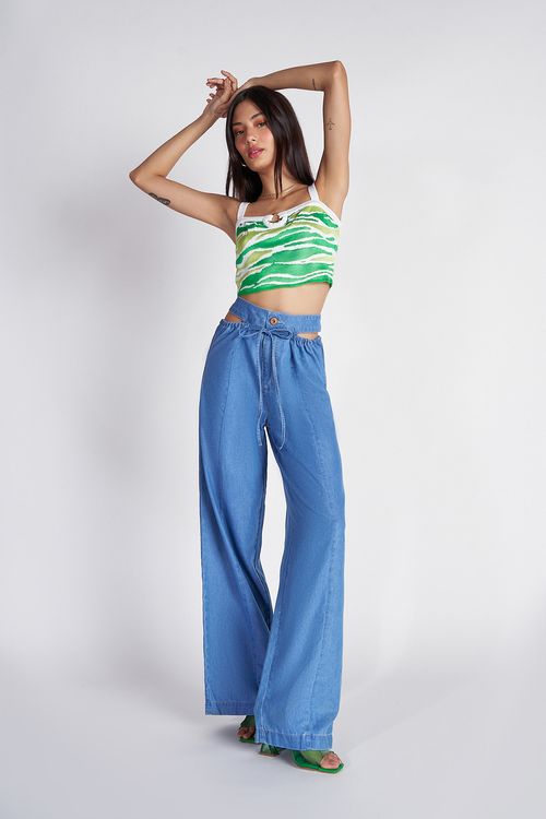 Calça Zinco Pantalona Cós Alto Com Amarração Jeans