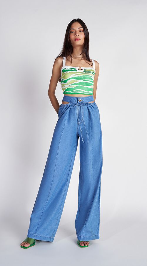 Calça Zinco Pantalona Cós Alto Com Amarração Jeans