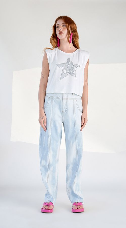 Calca Zinco Reta Cós Alto Marmorizado Jeans