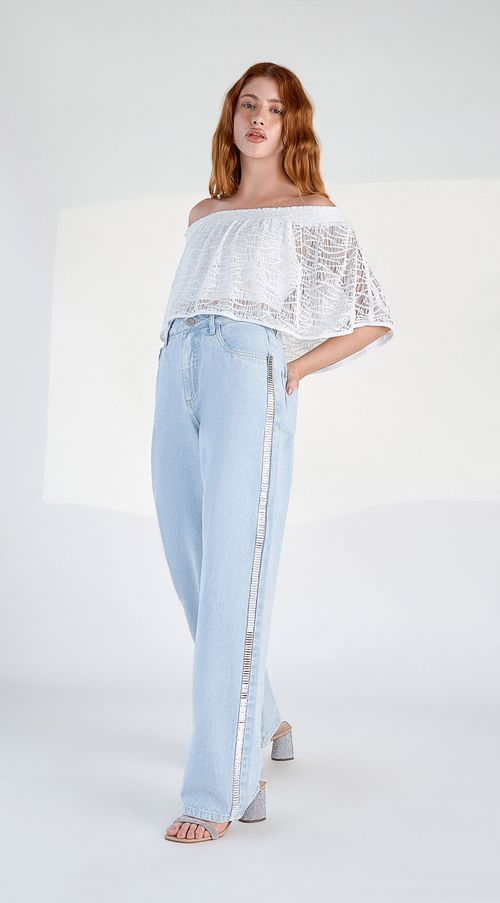 Calca Zinco Wide Leg Cós Alto Detalhe Strass Jeans