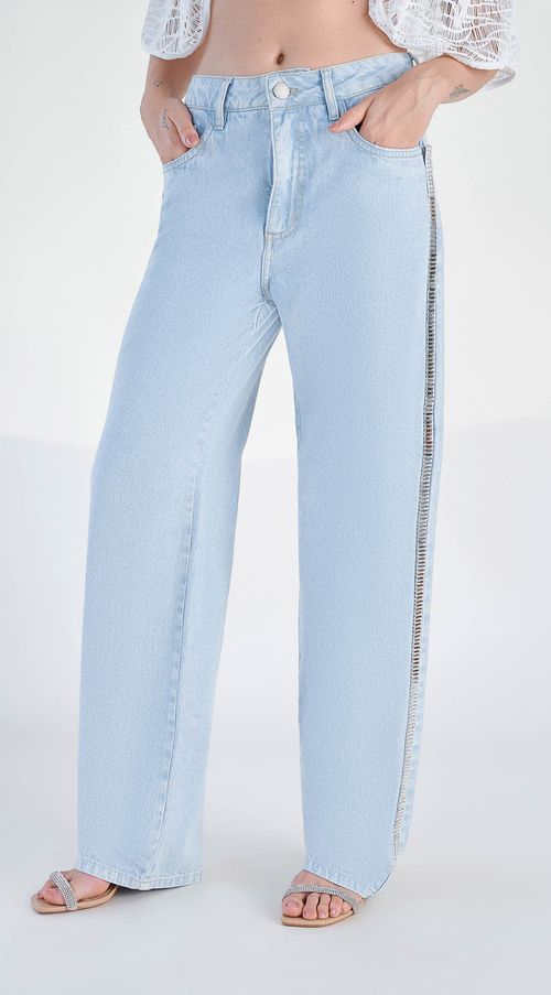 Calca Zinco Wide Leg Cós Alto Detalhe Strass Jeans