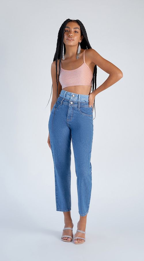 Calca Zinco Mom Cós Super Alto Composê De Tecidos Jeans