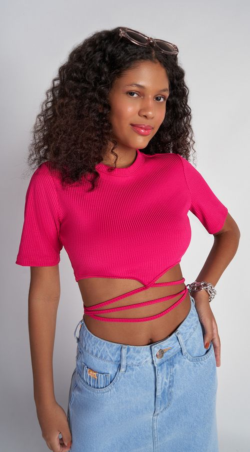 Blusa Zinco Decote Redondo Manga Curta Com Amarração Pink