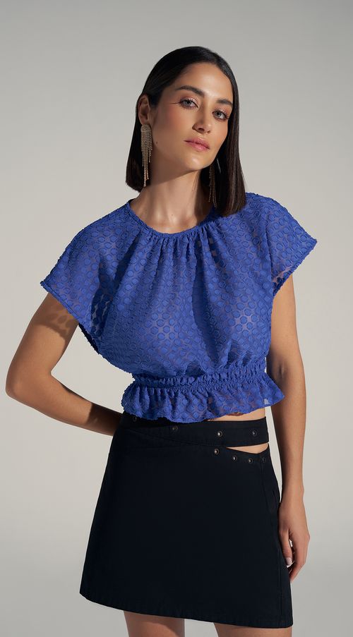 Blusa Zinco Decote Redondo Manga Curta Detalhe Elástico Azul