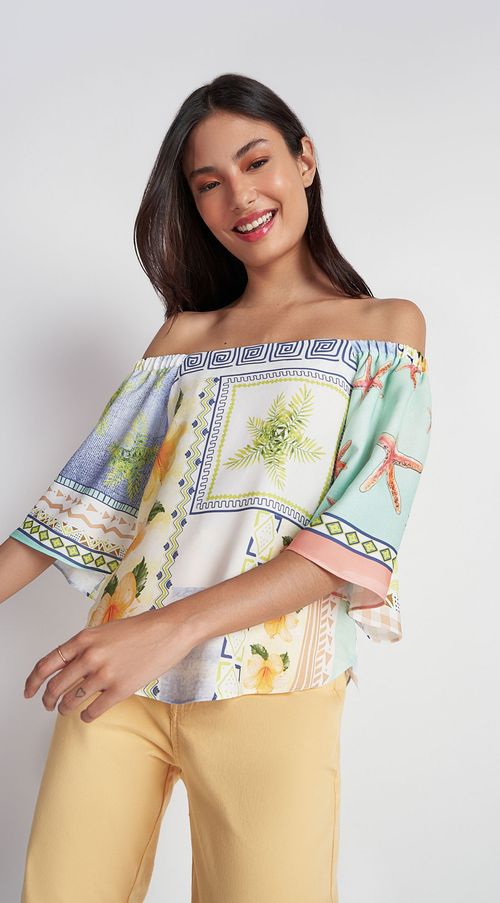 Blusa Zinco Decote Reto Manga Flare Com Franzido Azul