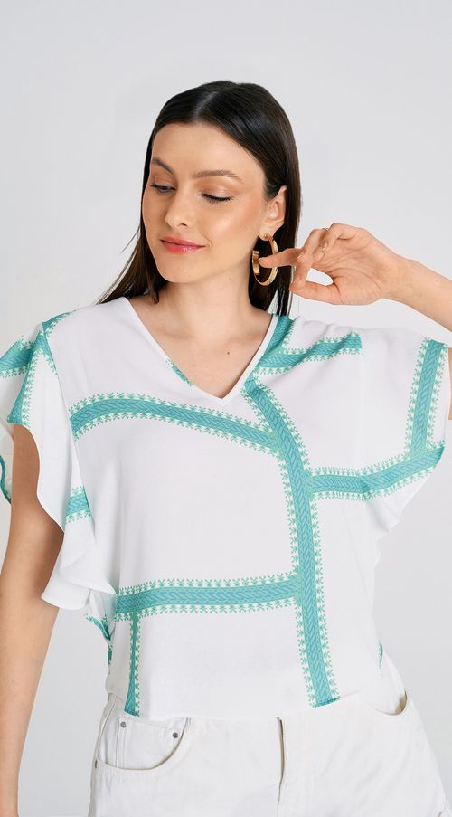 Blusa Zinco Decote V Manga Babado Amarração Costas Off White