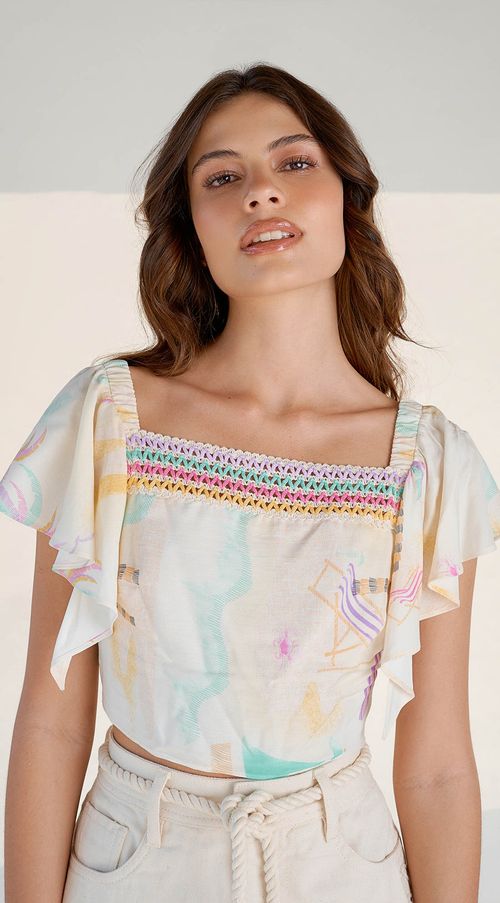 Blusa Zinco Decote Reto Manga Babado Amarração Costas Lilas