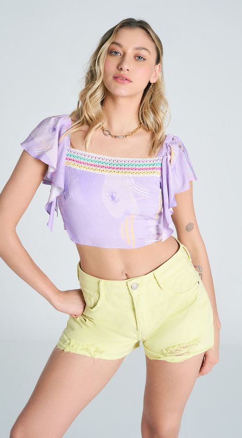 Blusa Zinco Decote Reto Manga Babado Amarração Costas Cru
