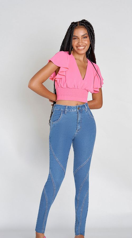 Calca Zinco Skinny Cós Alto Com Recorte Jeans