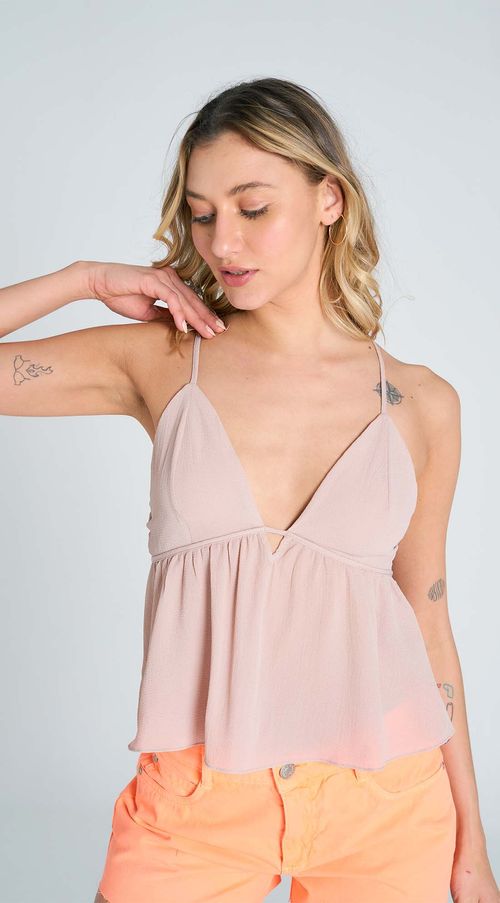 Blusa Zinco Decote V Alça Detalhe Viés Bege