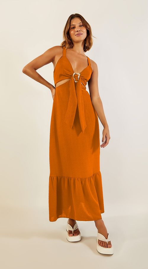 Vestido Zinco Midi Decote V Com Fivela Laranja