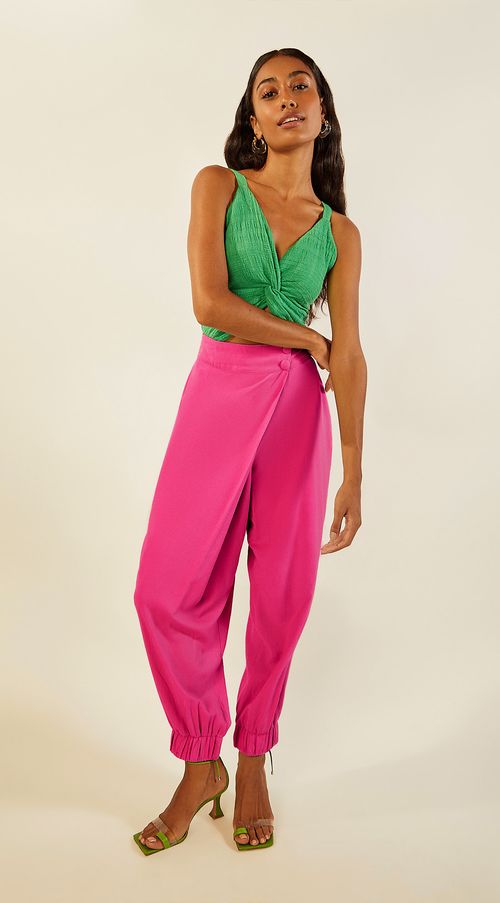 Calca Zinco Mom Cós Elástico Detalhe Sobreposição Pink