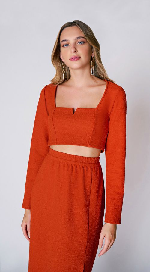 Blusa Zinco Decote Quadrado Manga Longa Detalhe Decote Laranja