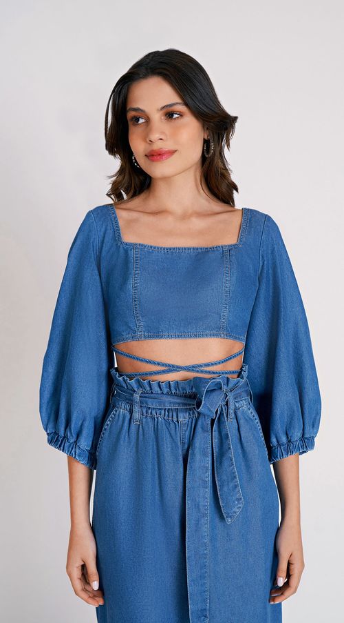 Top Zinco Justo Manga Longa Com Amarração Jeans