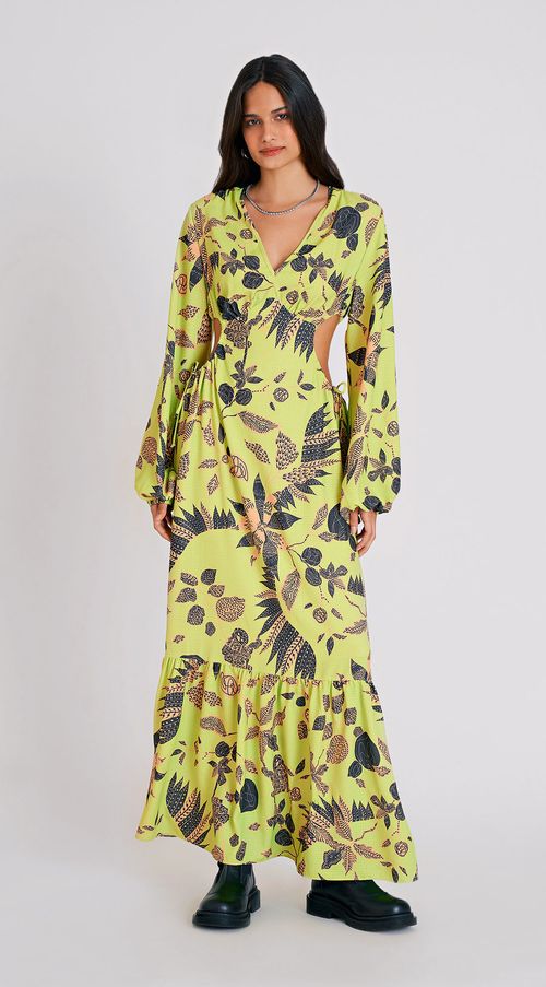 Vestido Zinco Longo Decote V Abertura Lateral Verde Claro