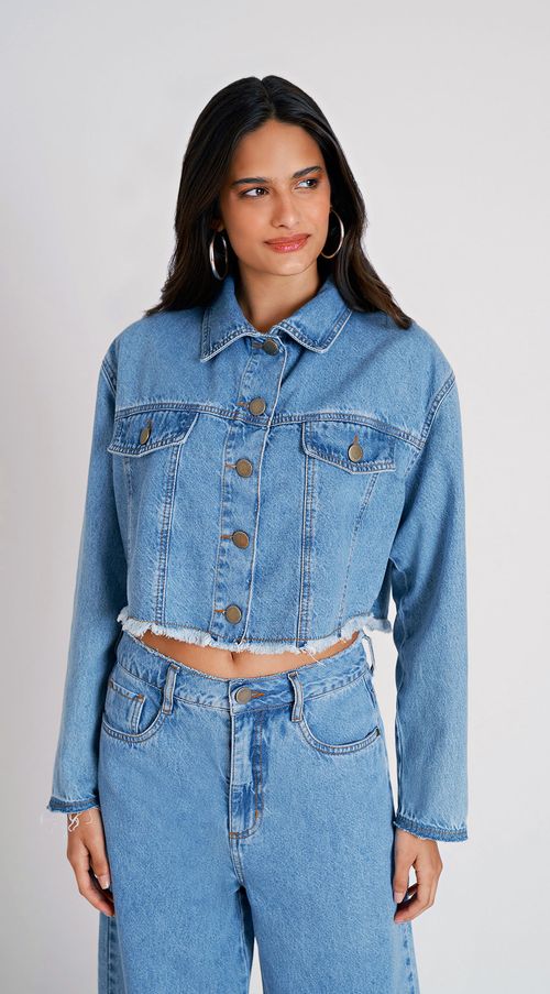 Jaqueta Zinco Cropped Ombro Deslocado Jeans