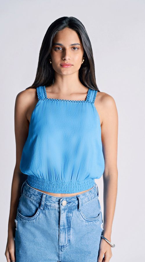 Blusa Zinco Decote Reto Cavada Detalhe Elástico Azul